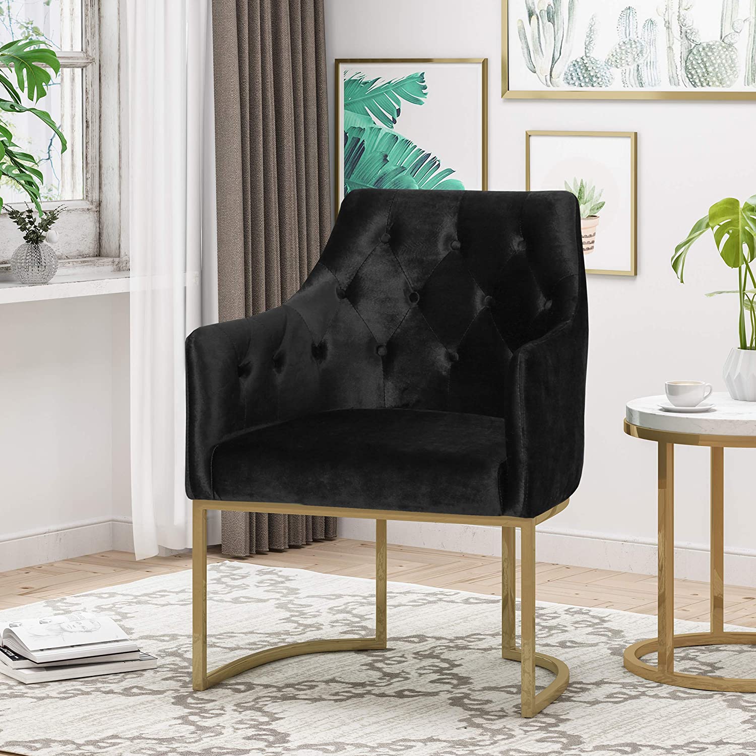 Modern Chair U-Shaped Base, Black and Gold Finish